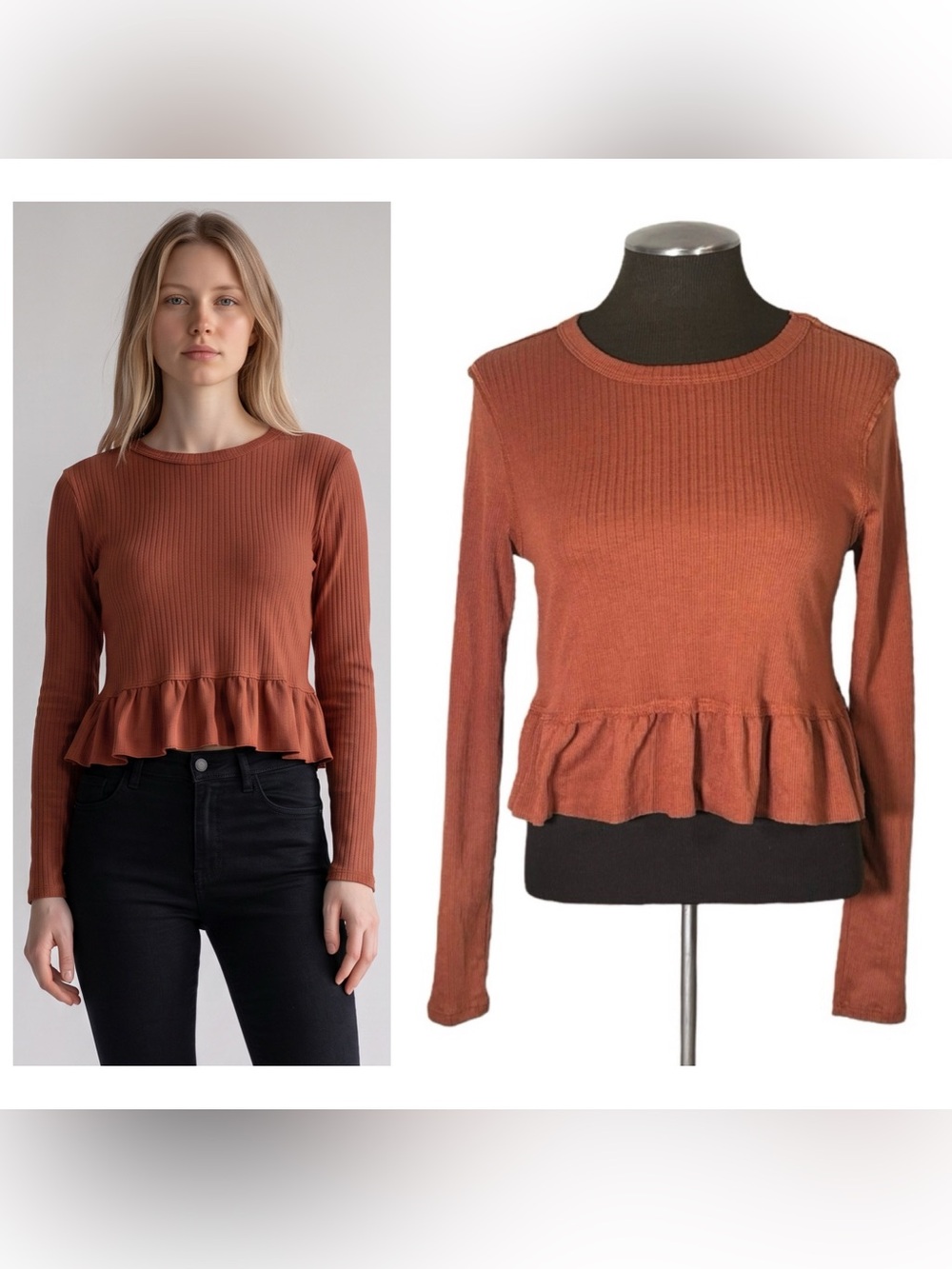 Altar’d State – Rust Ribbed Knit Pullover Long Sleeve Ruffe Top – XS - NWT
